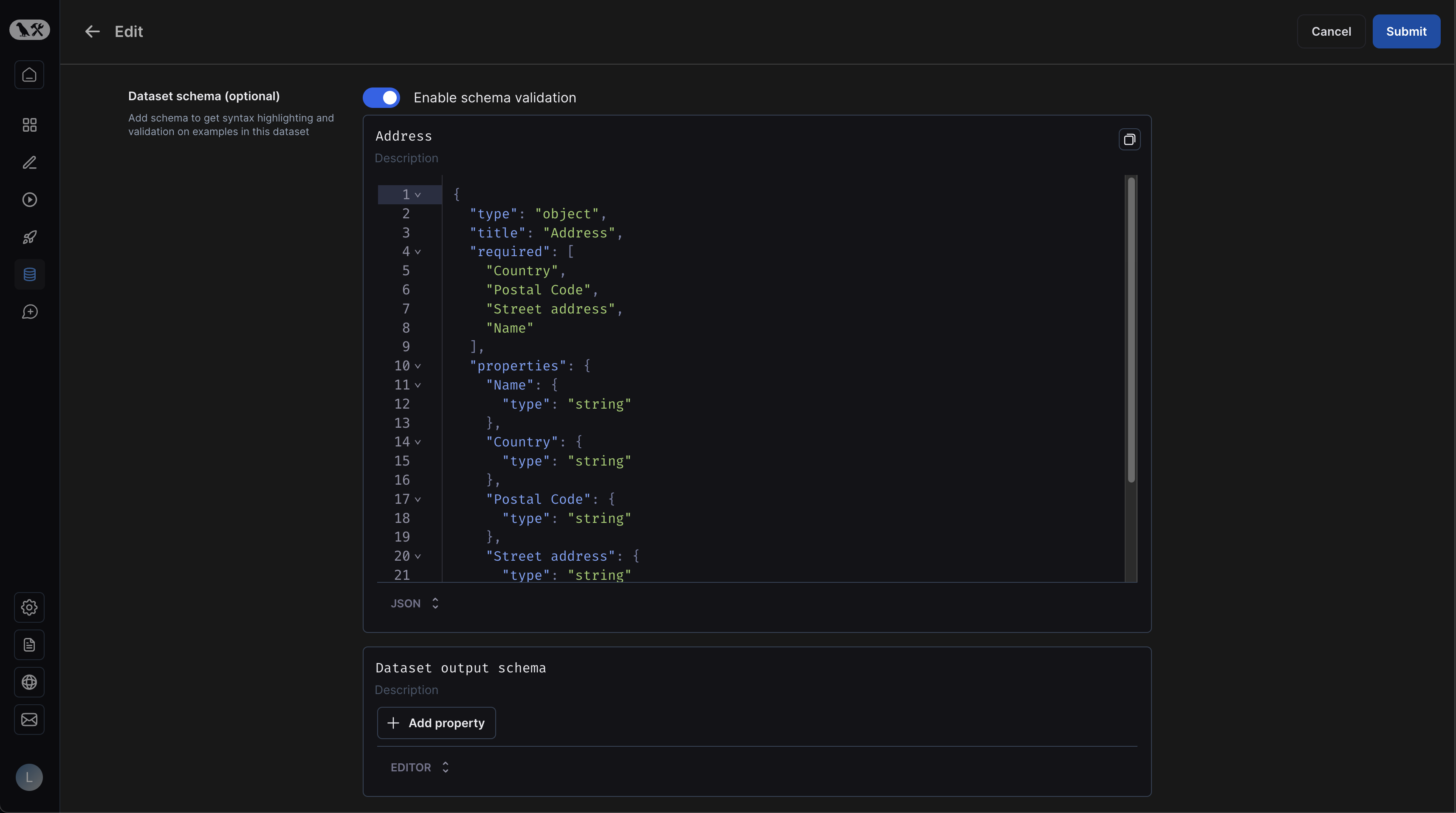 Custom JSON schema input